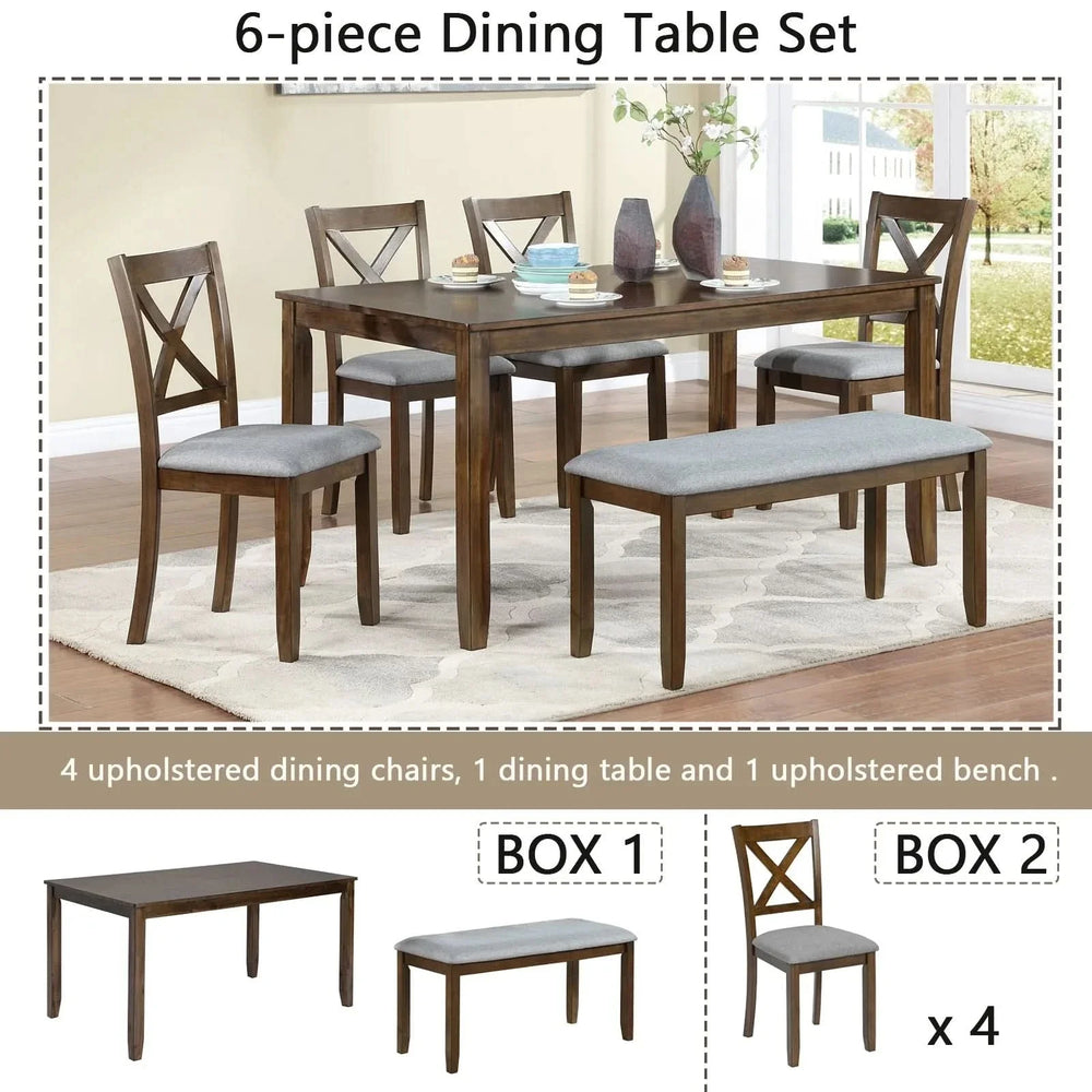Dining Room Set Acacia Wood Walnut Rectangular Table 6 Seat with Chairs Bench Media 5