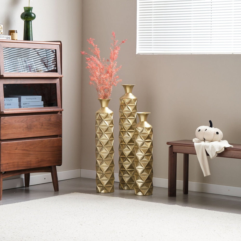 Metal Decorative Vase High Distress Metal Center Vase With 3D Triangle Pattern, Set Of 3 Vases for Home Decoration 33.5', 29.5', 25.2'High, Gold Media 13