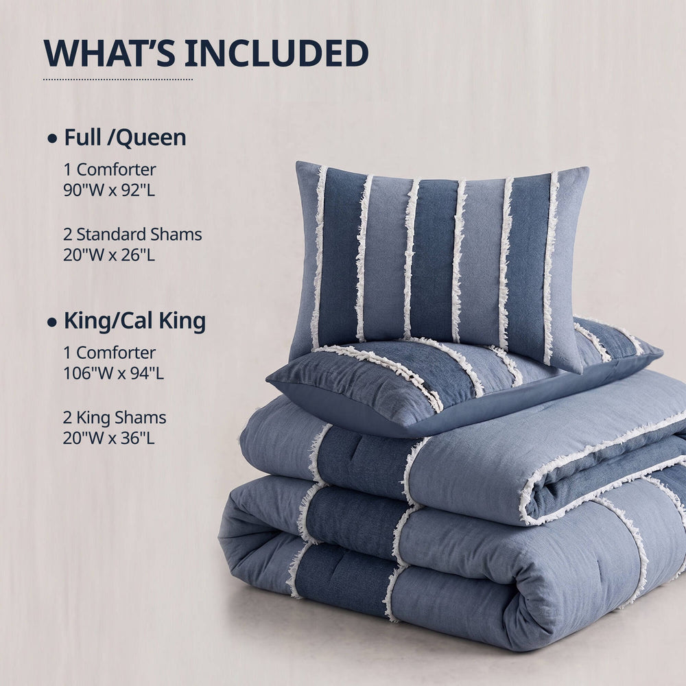3 Pieces Full/Queen Striped Cotton Comforter Set,Blue Media 9