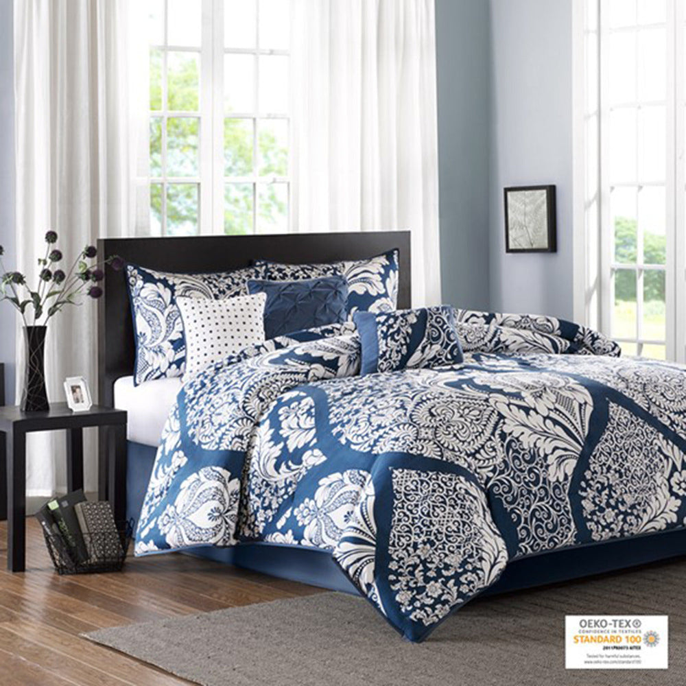 7 Piece Cotton Printed Comforter Set Indigo Queen Media 12