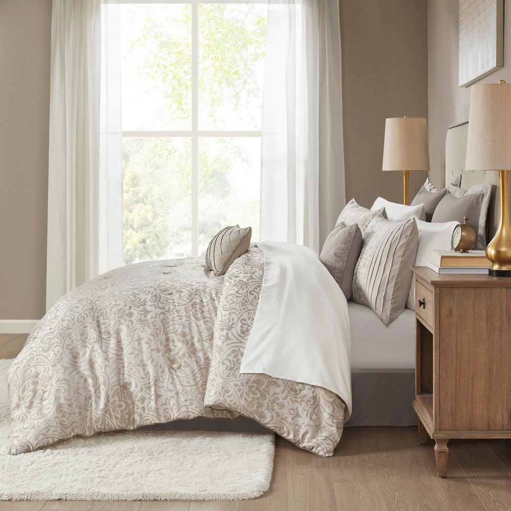 12 Piece Jacquard Comforter Set with Bed Sheets Khaki King Media 15