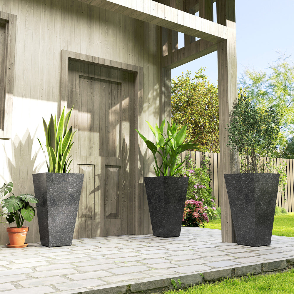 Outsunny 28' Tall Planters, Set of 3 Plastic Flower Pots with Marble Finish and Drainage Holes, Stackable Tapered Outdoor Planters, Black Media 9