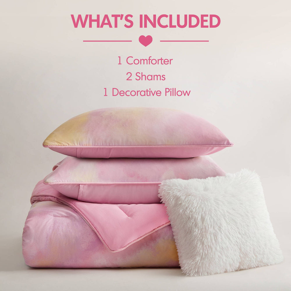 4 Pieces Full/Queen Watercolor Tie Dye Printed Comforter Set with Throw Pillow,Pink Media 13