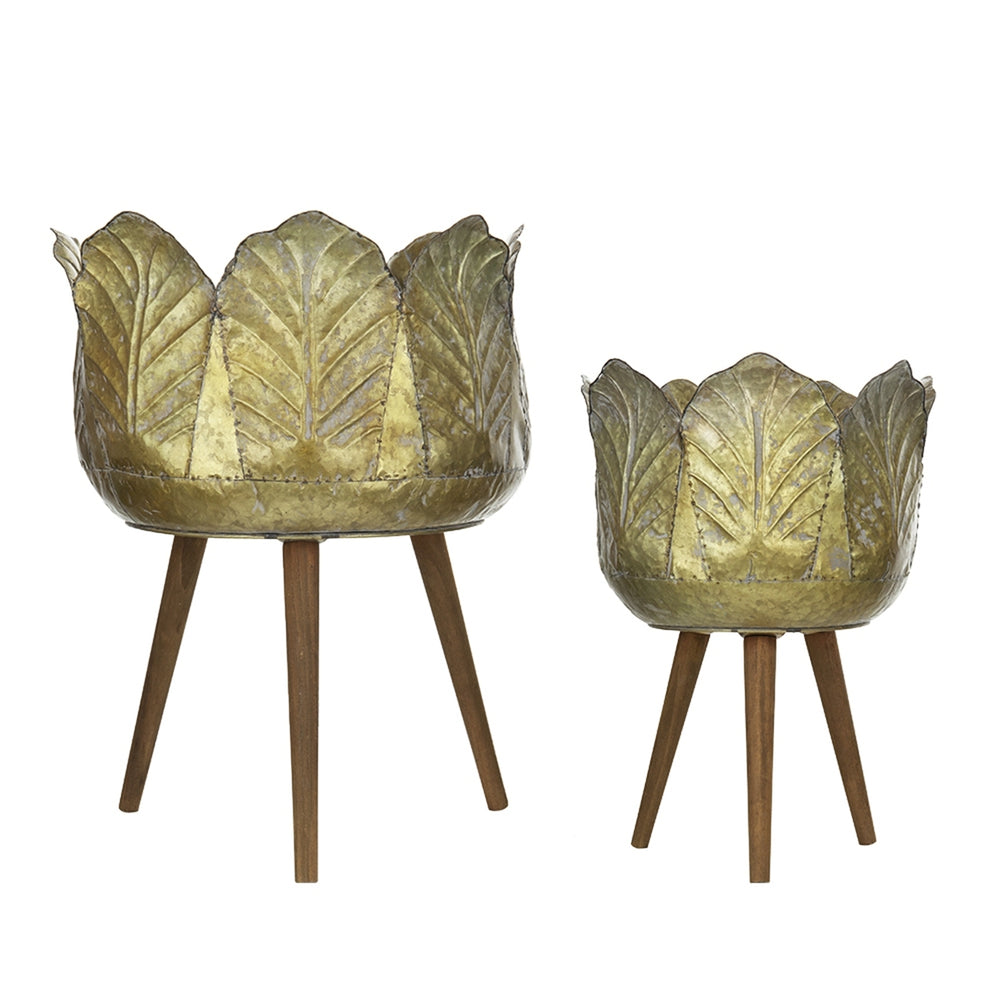 Set of 2 Metal Planter With Wood Legs Stand, L:D18.5x23.5' S:D15.7x20' Media 4