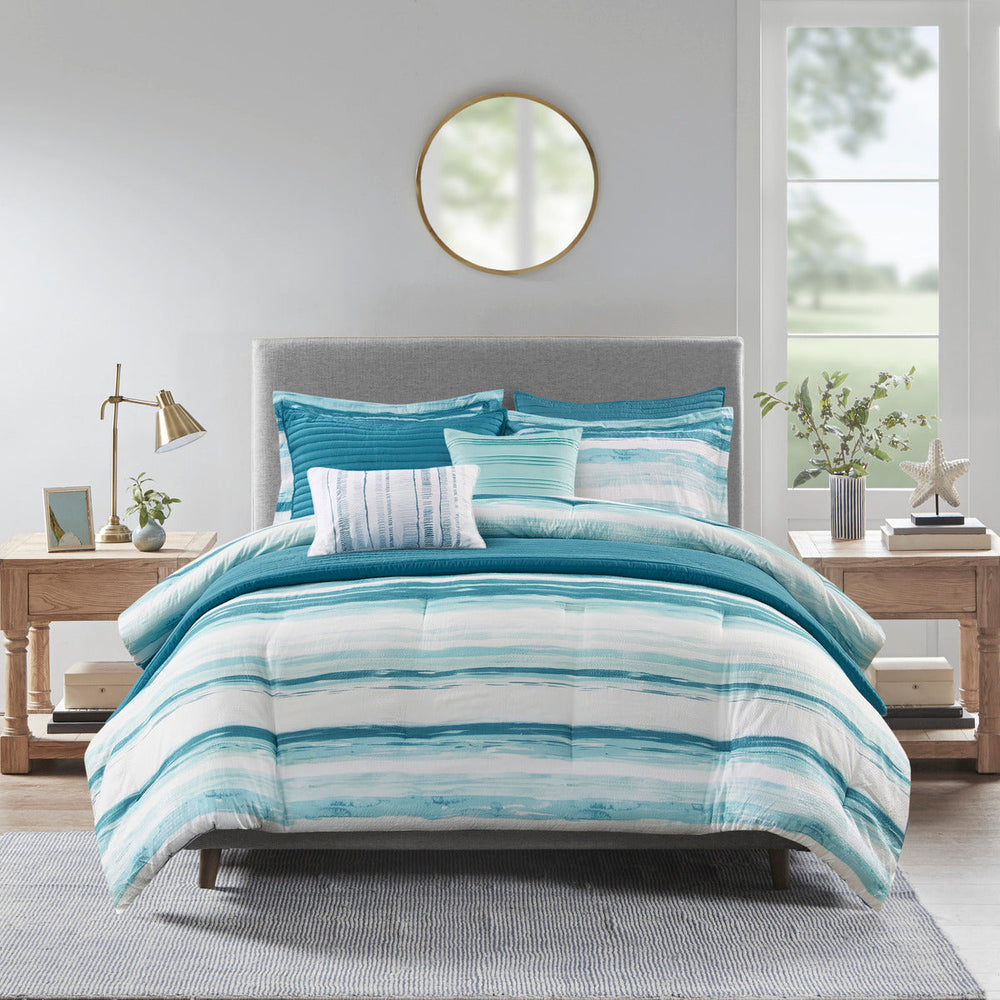 8 Piece Printed Seersucker Comforter and Quilt Set Collection Aqua King/Cal King Media 10