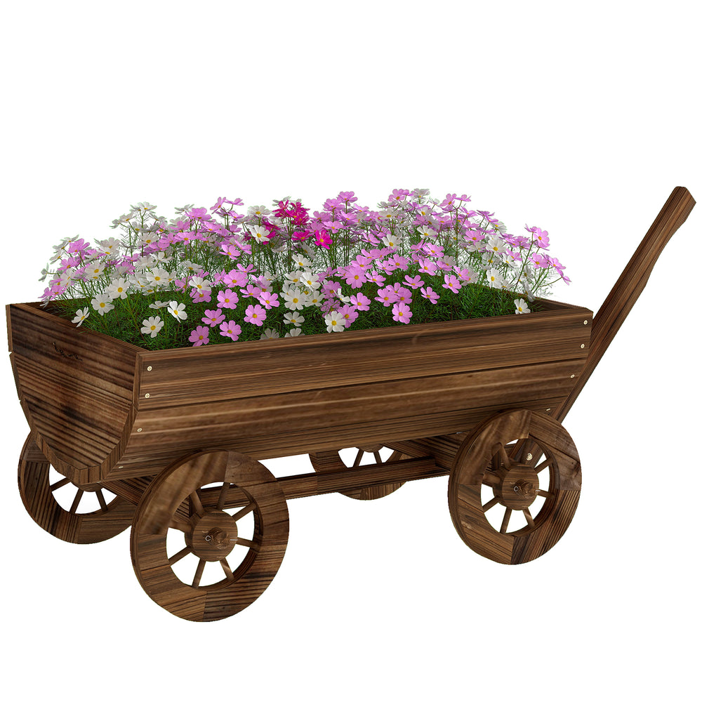 Outsunny Wooden Wagon Planter Box, Mobile Garden Planter with 4 Wheels, Small Wheelbarrow Wagon Flower Cart with Drainage Hole Media 1