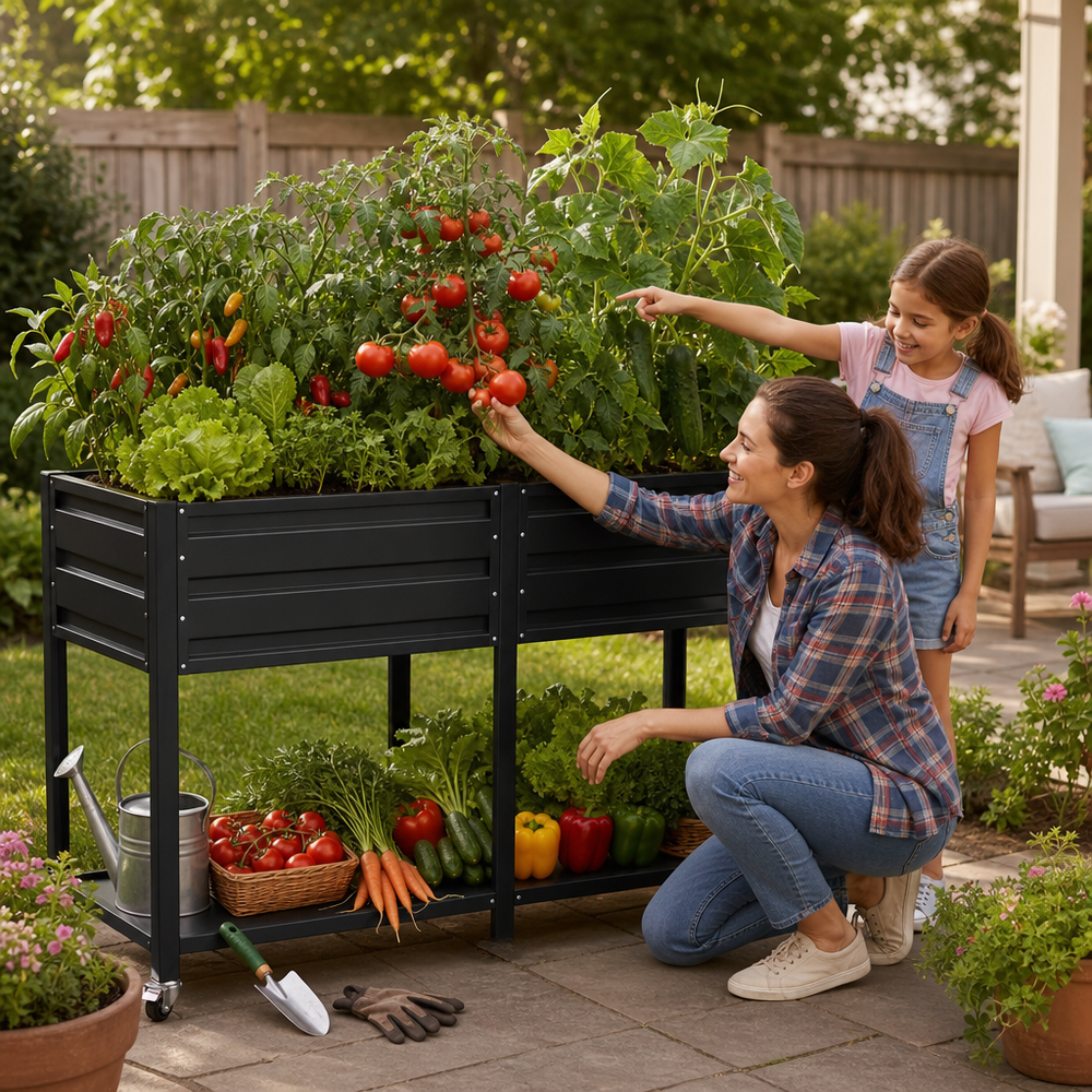 Dual Tier Elevated Metal Raised Garden Bed with Lockable Wheels & Lower Storage Shelf, Dark Gray Staggered Raised Planter Box for Vegetables Herbs Flowers, Outdoor Patio Backyard Raised Planting Bed Media 10