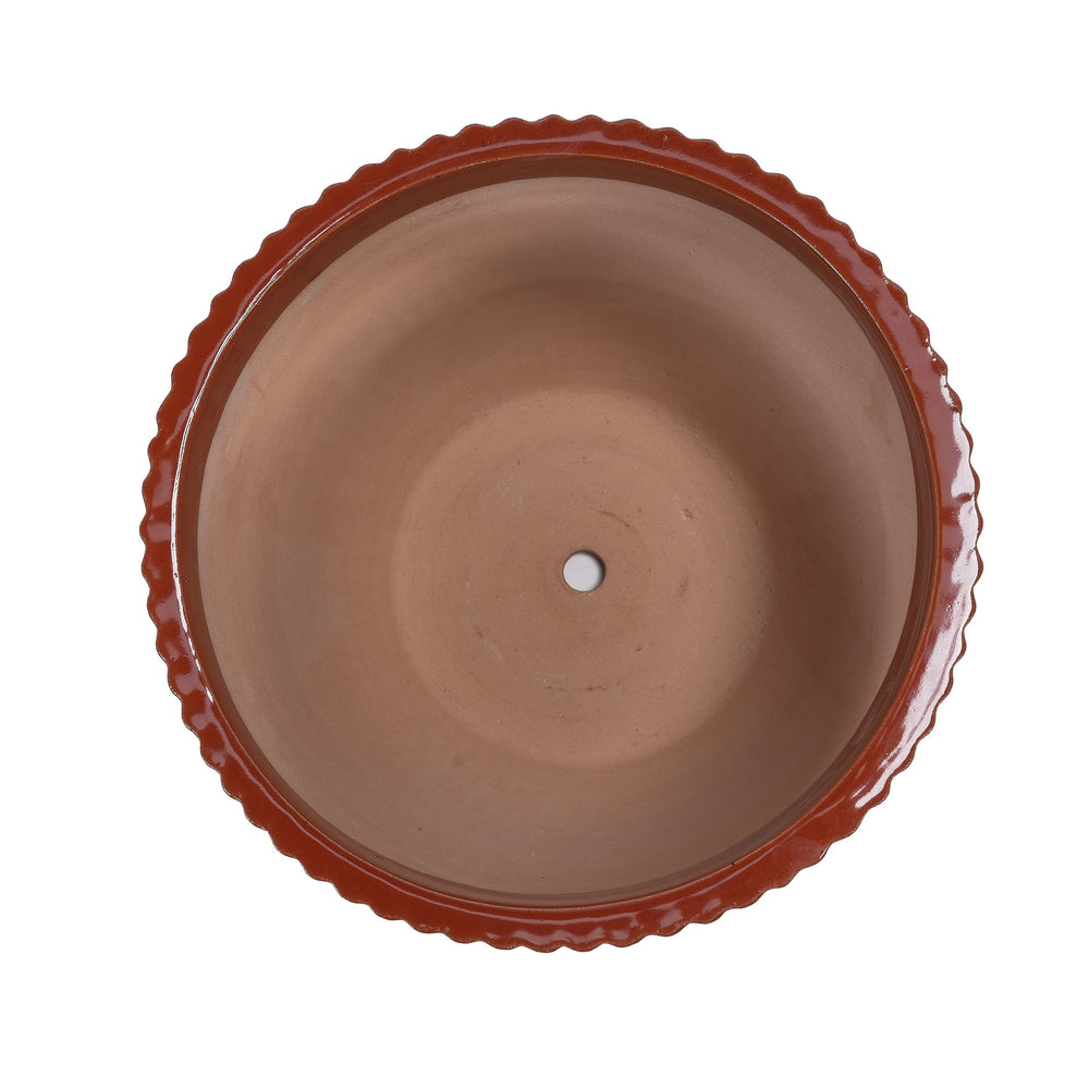 Handmade Brick Red Glaze Ceramic Planter Set of 4, 7/9/12/14 Inch, Horizontal Grooves, Indoor & Outdoor Herb Succulent Pots, Breathable Clay with Drainage Holes Media 13