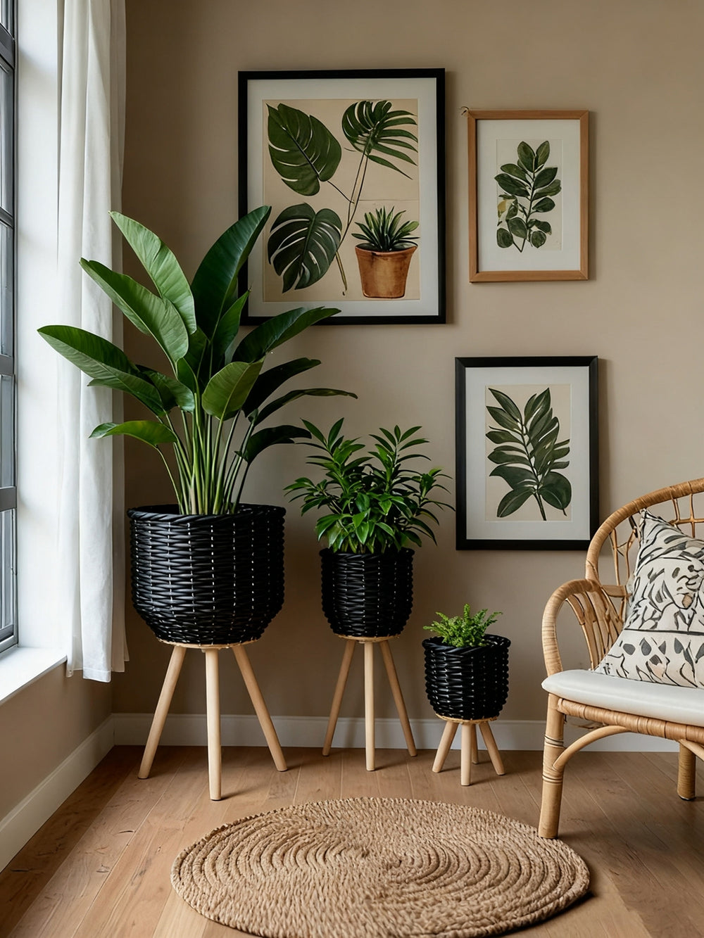 Set of 3 Black Poly Rattan Baskets with Rope Texture and Tapered Wooden Legs, L:12x12x23.5' M:10x10x17.5' S:8x8x13.5' Media 6