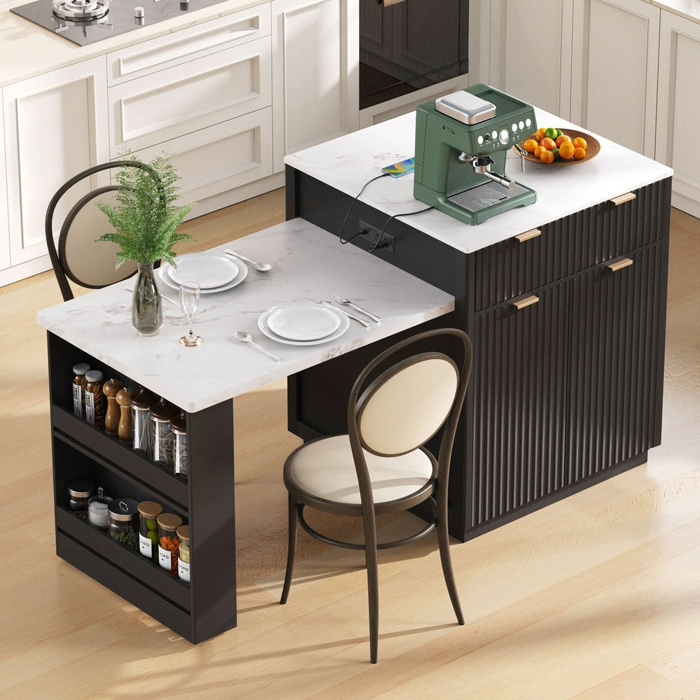 Kitchen Island Modern With Extendable Dining Table & Power Outlet For 4-6 People Black Media 4