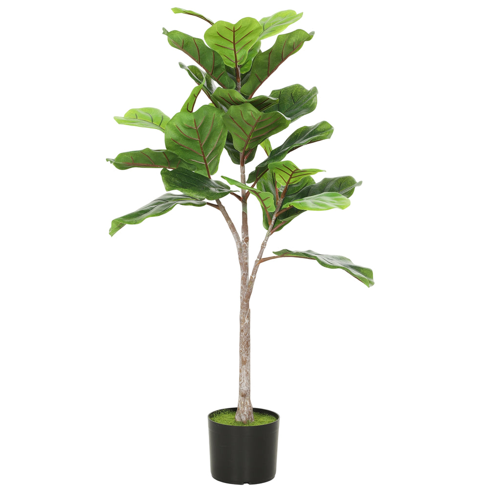 HOMCOM Fake Plant, Artificial Fiddle Leaf Fig Tree, Potted Plant with 28 PEVA Leaves and Flocked Soil, Green Media 1