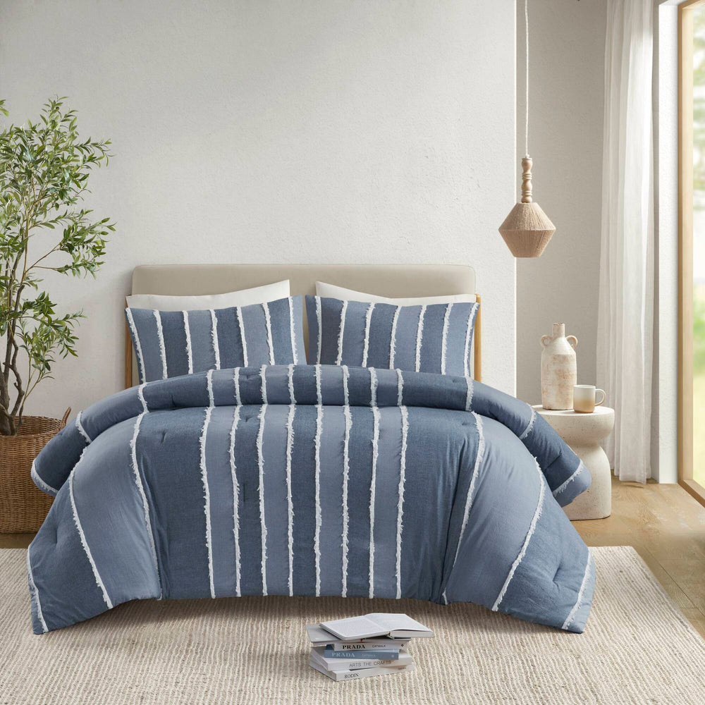 3 Pieces King/Cal King Striped Cotton Comforter Set,Blue Media 1