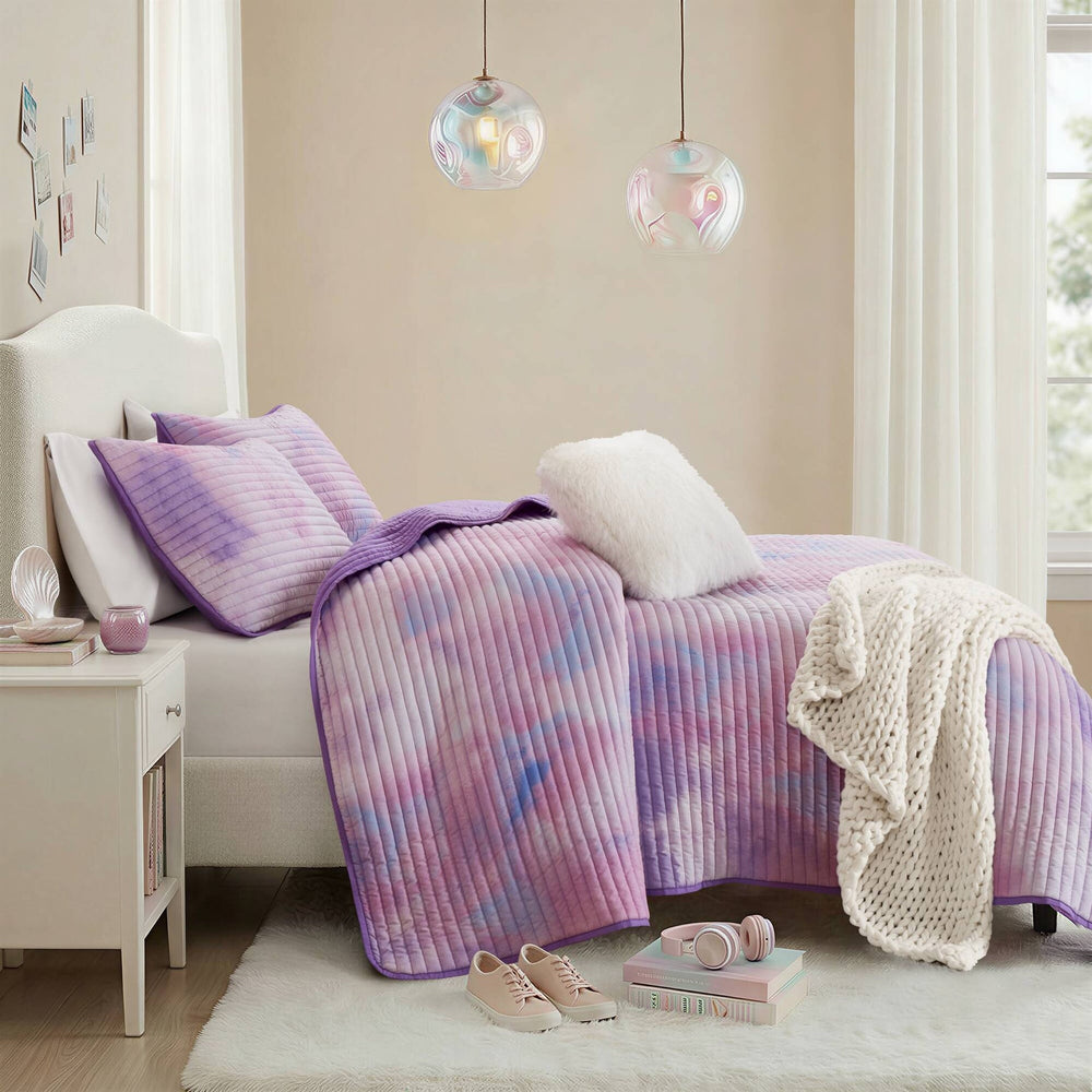 4 Pieces Full/Queen Watercolor Tie Dye Printed Quilt Set with Throw Pillow,Purple Media 20