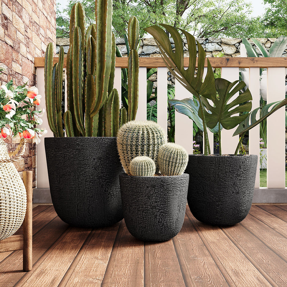 U_STYLE Lightweight MGO Planter Set of 3,16.93'+13.78'+11.02' Dia Round Concrete Stackable Flower Pots with Drainage Holes and Rubber Plug,Crackle Stone Texture for Patio Garden Balcony Indoor Outdoor Media 1
