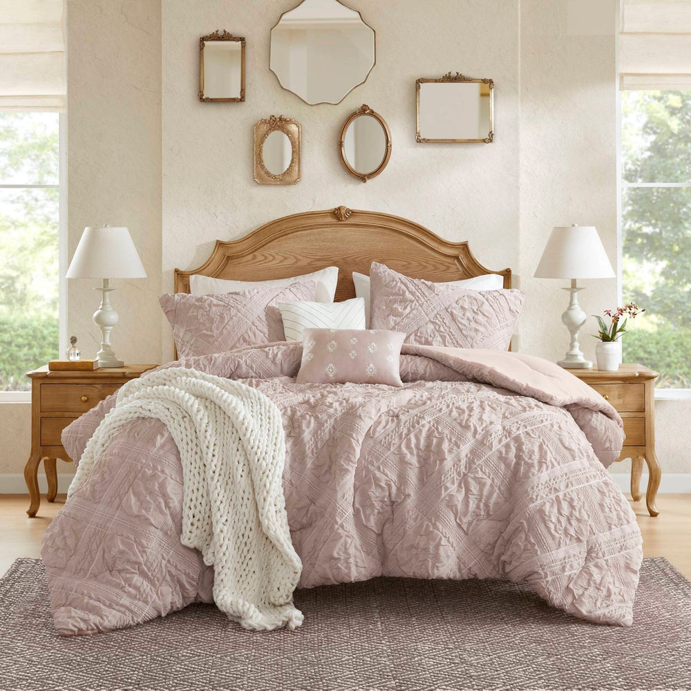 5-Piece Full/Queen 5 Piece Sculpted jacquard comforter set,Pink Media 17