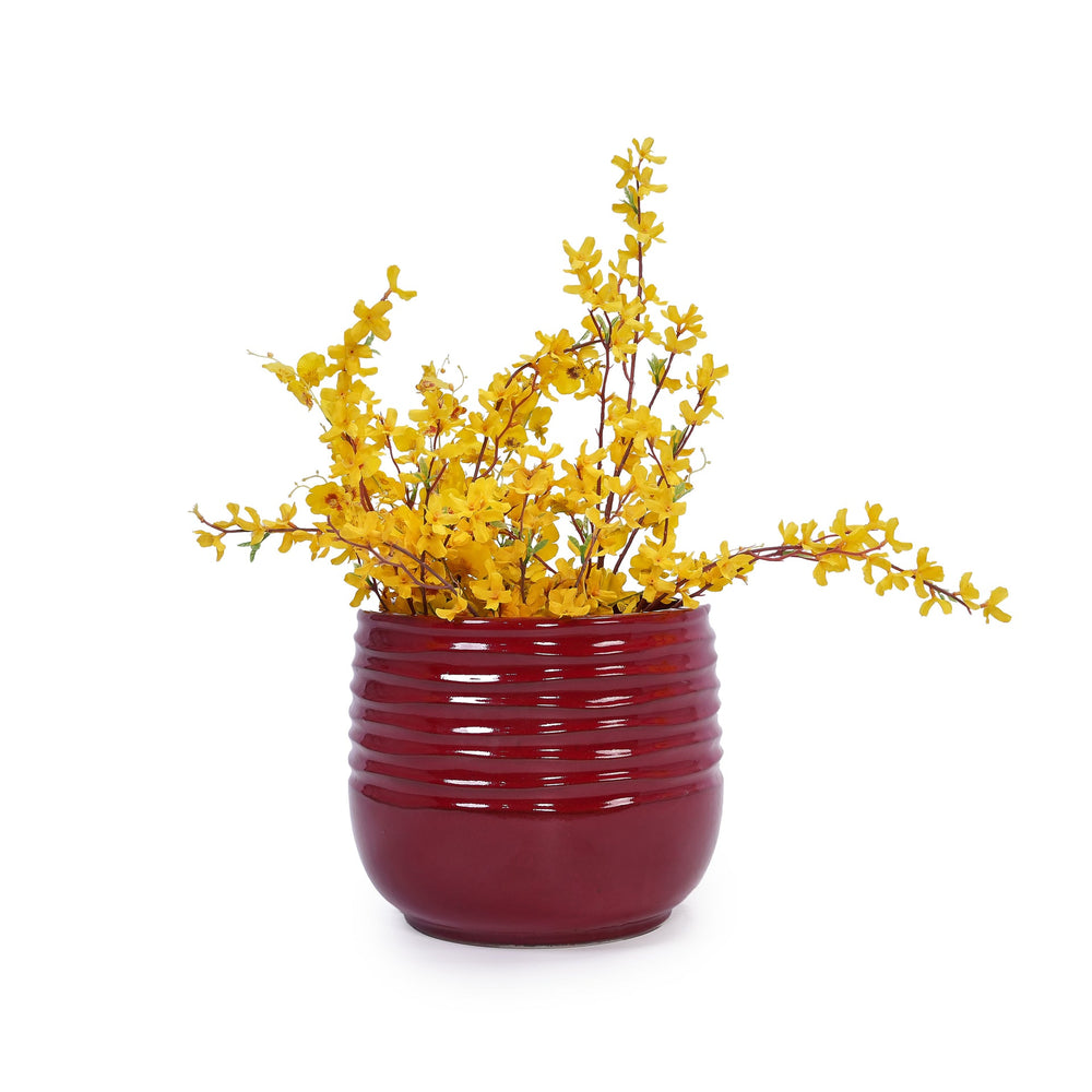Handmade Glazed Ceramic Planter Set of 3, 15/11/8 Inch Diameter, Horizontal Groove Pattern, for Succulents & Flowering Plants Outdoor Garden & Indoor Staircase Bookshelf Use, Breathable Clay, Deep Red Media 11