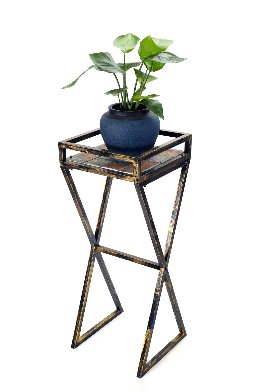 35.5' Gray Stone Slab Black / Gold Metal Plant Stand Media 3