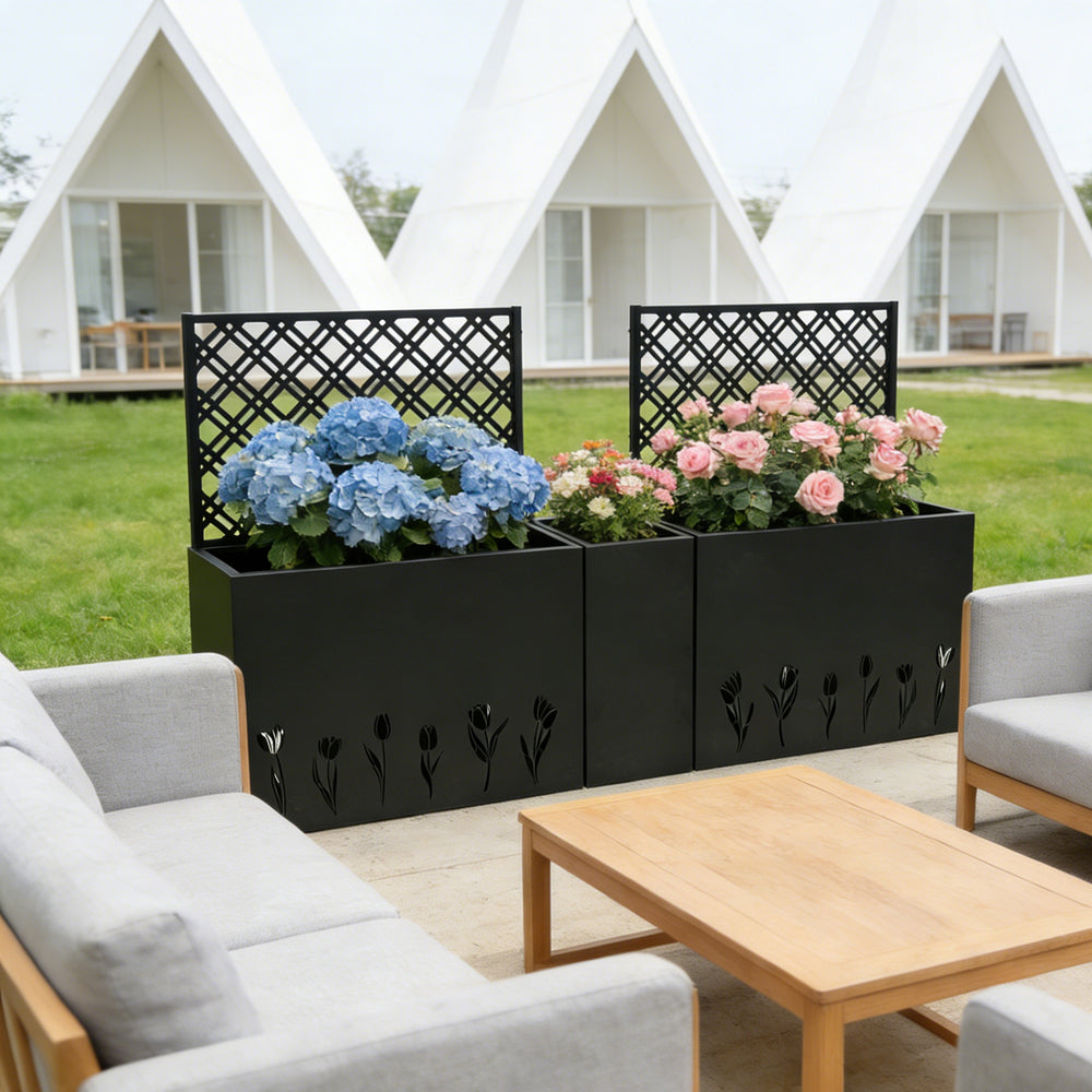 Metal Planter-Trellis Combo (Set of 3) - Raised Garden Bed, Flower Trellis & Privacy Screen for Patio, Balcony, Garden, Rust-Resistant Planter Box with Drainage Holes, 23.6in Depth Planting Bed, Tulip Media 5