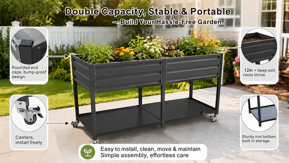 Dual Tier Elevated Metal Raised Garden Bed with Lockable Wheels & Lower Storage Shelf, Dark Gray Staggered Raised Planter Box for Vegetables Herbs Flowers, Outdoor Patio Backyard Raised Planting Bed Media 14