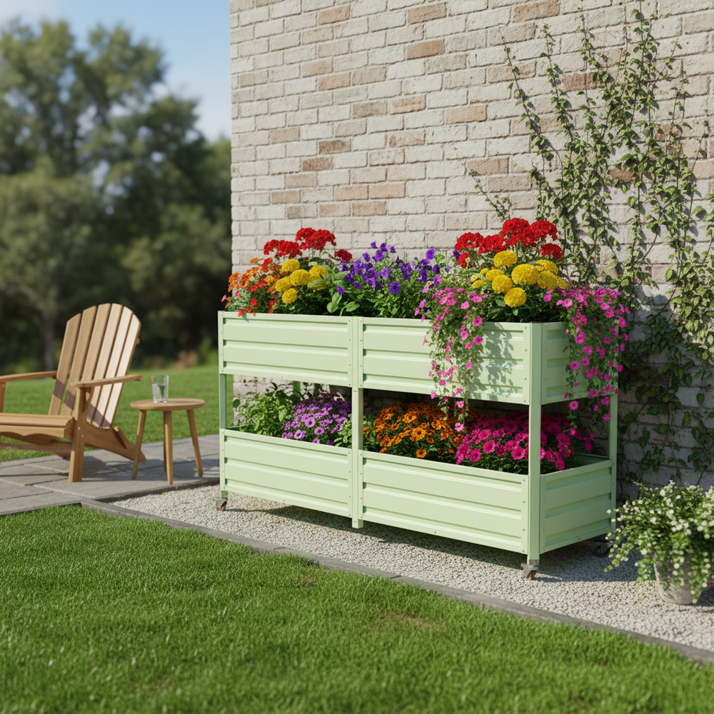 Dual Tier Elevated Metal Raised Garden Bed with Lockable Wheels, Staggered 2-Layer Raised Planter Box for Vegetables Herbs Flowers, Outdoor Patio Backyard Green Planting Bed,Green Media 12