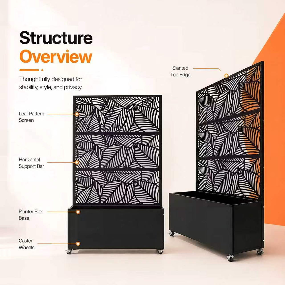 70.87' H × 46.06' W Leaf Pattern Privacy Screen with Planter Box, Black Metal Freestanding Decorative Fence Planter for Patio Balcony Backyard Media 6
