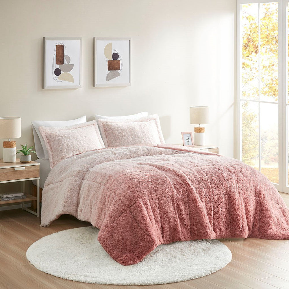 Full/Queen Ombre Shaggy Long Fur Comforter Mini Set Media 1