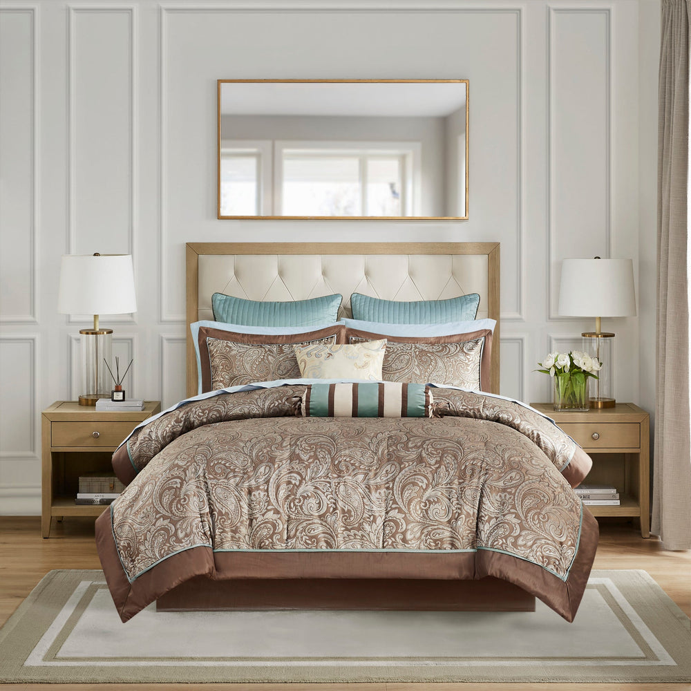 12 Piece Comforter Set with Cotton Bed Sheets Blue/Brown Queen Media 2