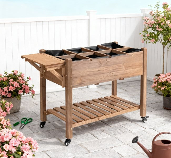 Planter Box,Wooden Garden Box,with 8 Pockets and Lockable Wheels,Foldable Side Clapboard,Elevated and Self-Draining Design Media 9