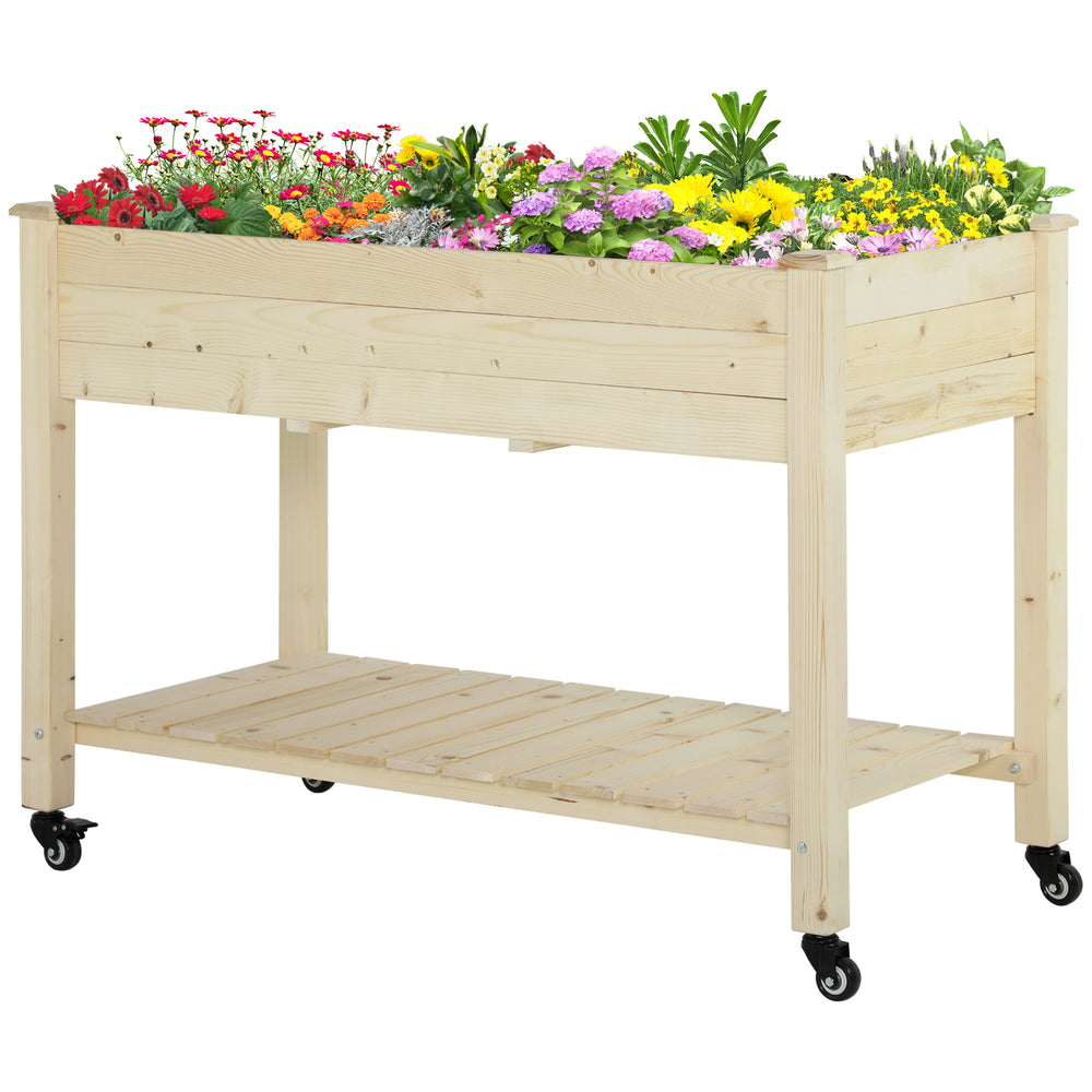 Outsunny Raised Garden Bed with Lockable Wheels and Storage Shelf, Natural Wood, 47 x 22 x 33 Inches Media 10