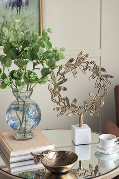 Round Clear Glass Vase with Blue and Gold Botanical Motifs perspective