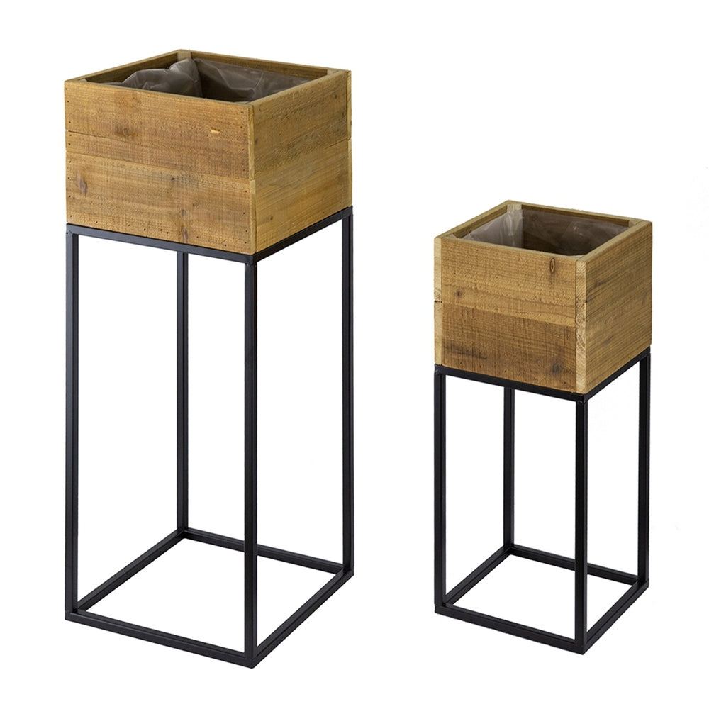 Set of 2 Reclaimed Wooden Box With Black Iron Stand, L:11x11x29.5' S:8.5x8.5x21.5' Media 2