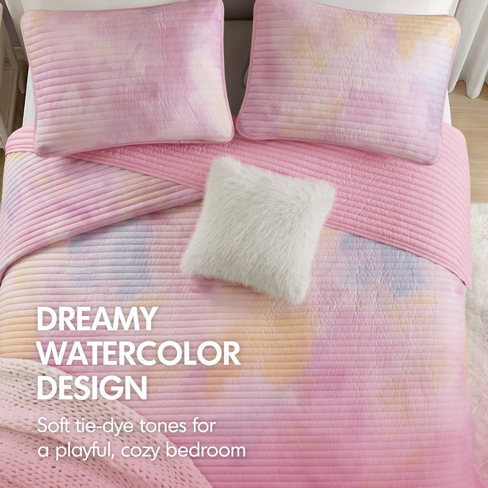 4 Pieces Full/Queen Watercolor Tie Dye Printed Quilt Set with Throw Pillow,Pink Media 7