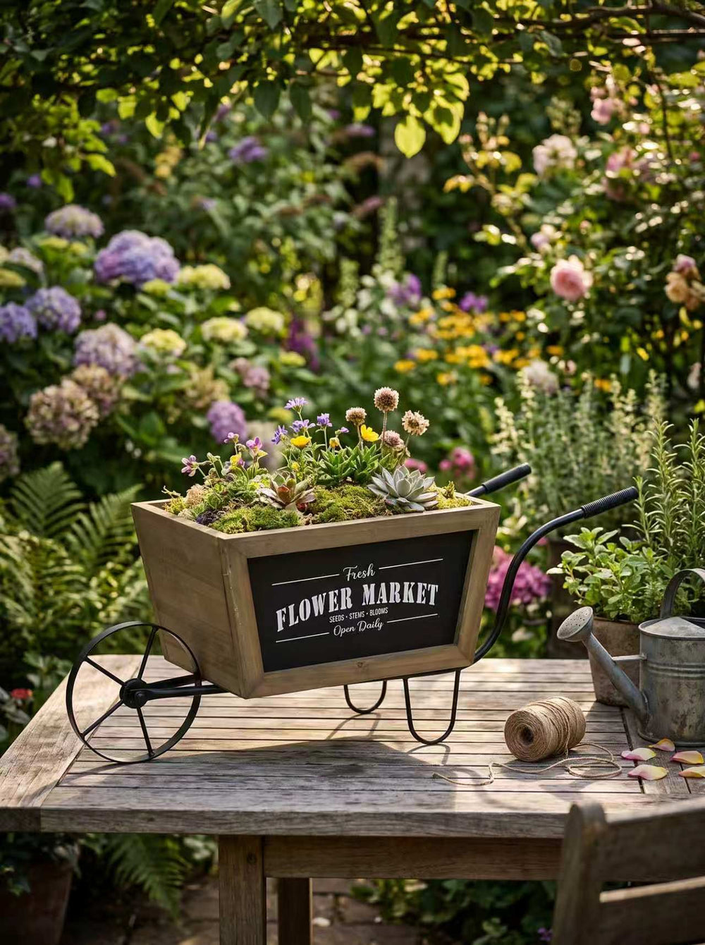 19.5x7.9x8.3' Brown Wooden Wheelbarrow Planter with Black Iron Frame Media 1