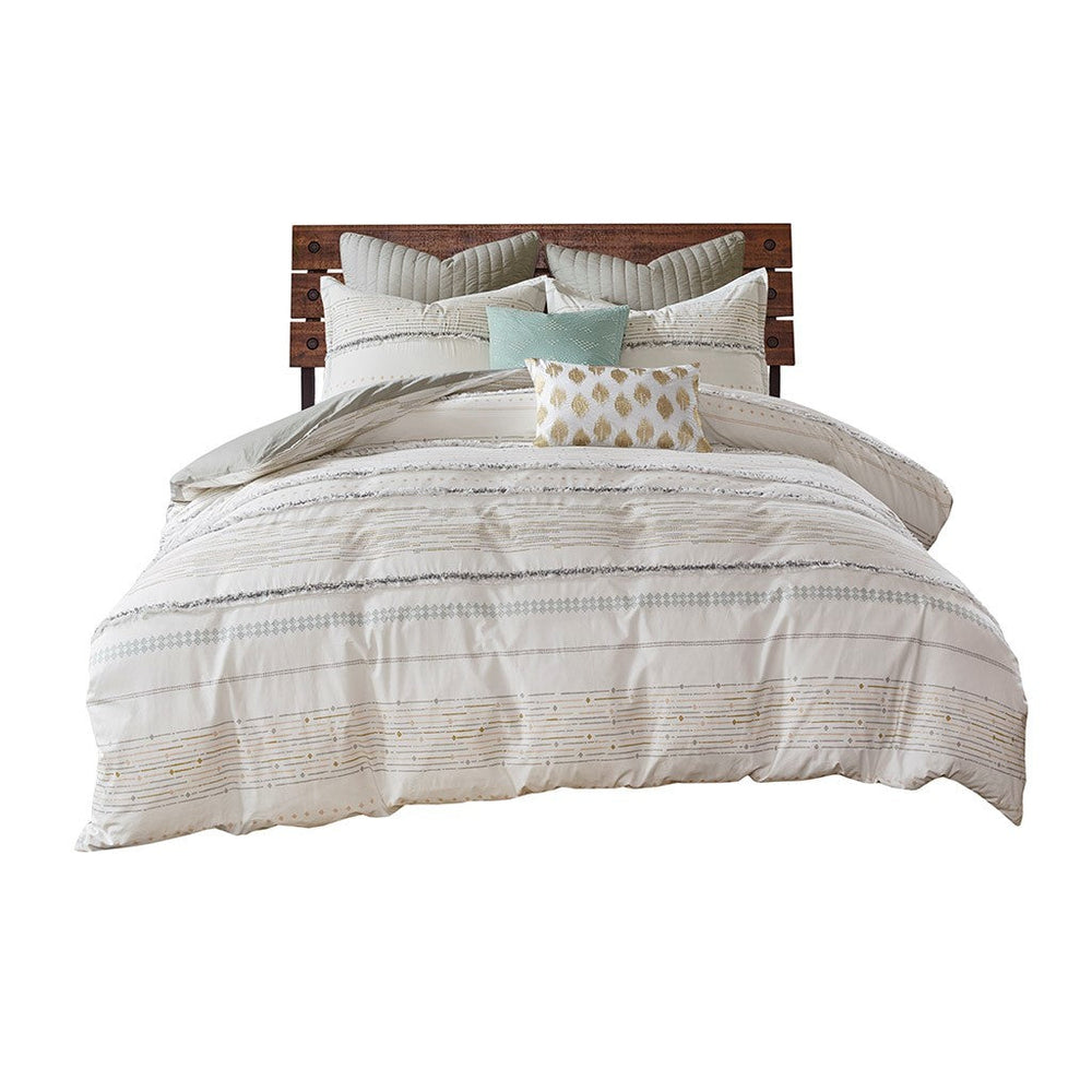 Cotton Printed Comforter Set with Trims Off White/Gray Full/Queen Media 8