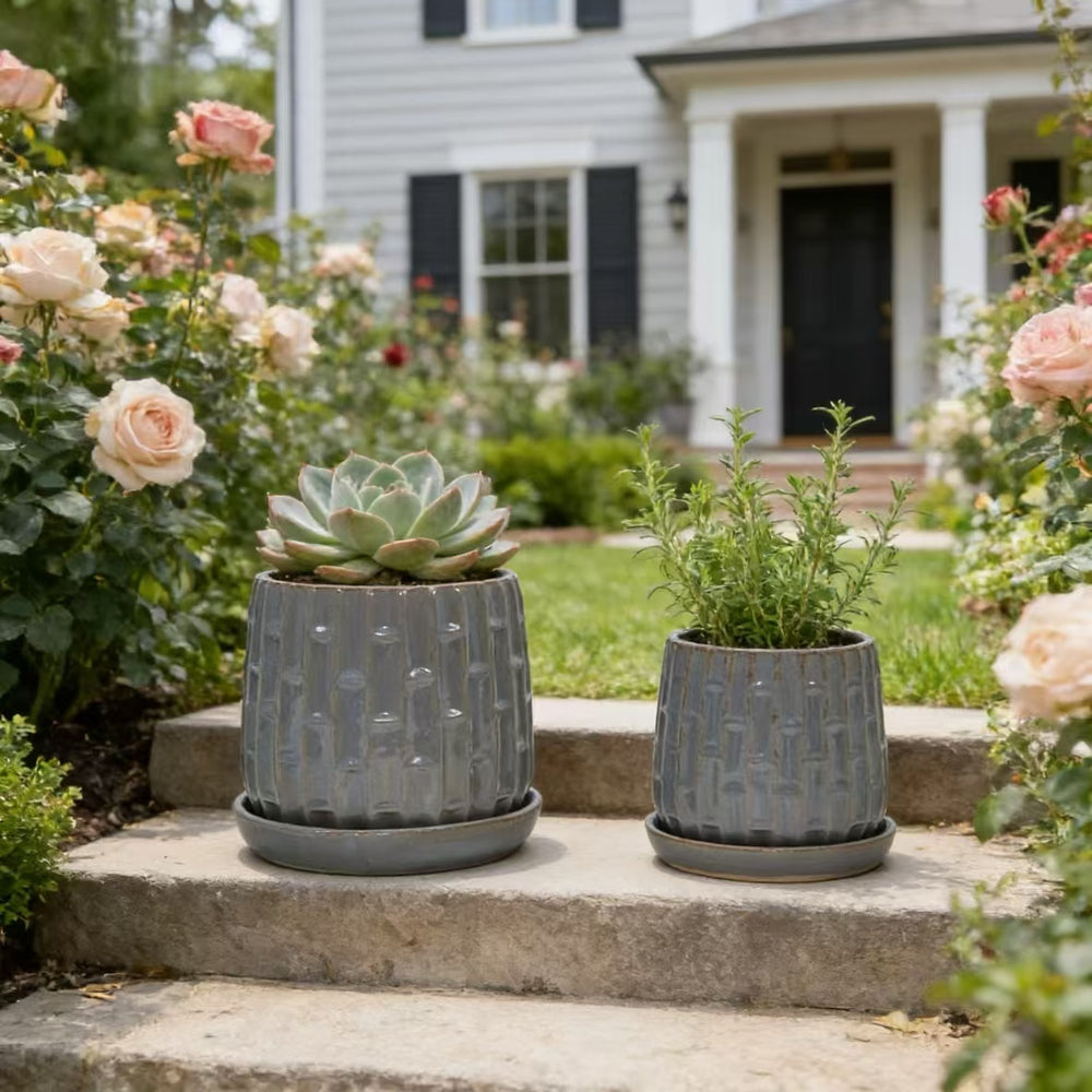 Handmade Gray Glazed Ceramic Planter Set of 2, 6' & 8' Diameter, Vertical Ribbed Pattern, for Succulents & Herbs Indoor/Outdoor Shelf & Table Use, Breathable Clay with Saucers Media 1