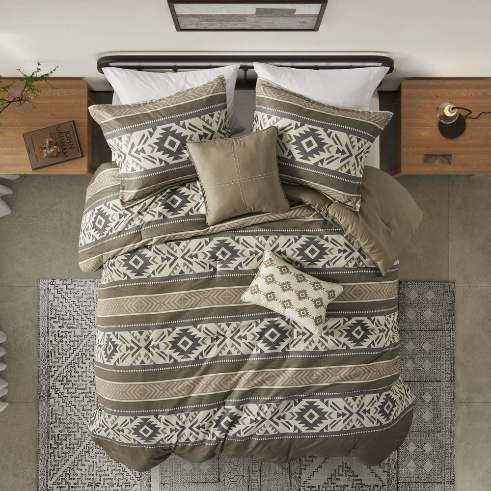 5 Piece Stripe Herringbone Comforter Set with Throw Pillows Brown Full/Queen Media 14