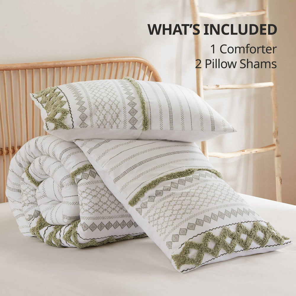 3 PCS King/Cal King Cotton Printed Comforter Set with Chenille Sage/Ivory Media 21
