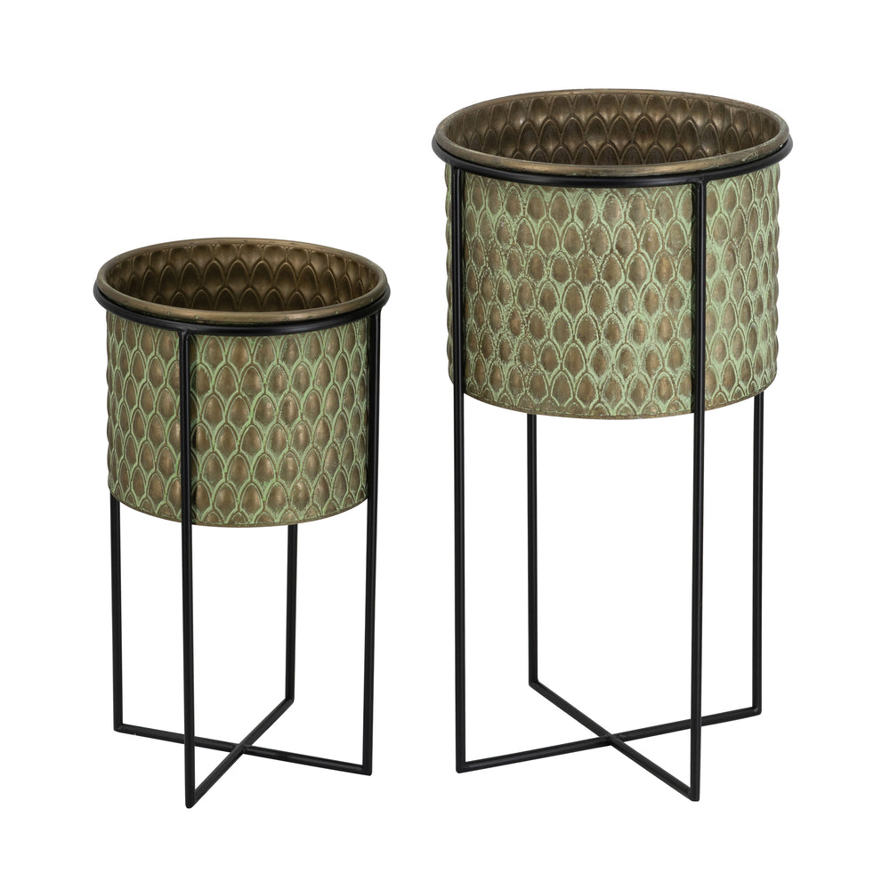 S/2 Textured Green Iron Planters with Sleek Black Stands Media 2