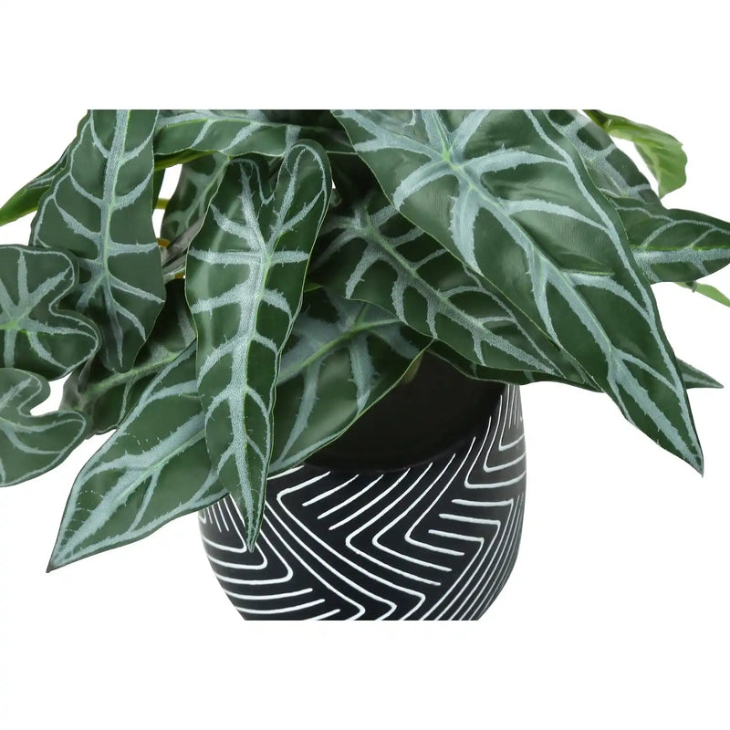 Artificial Alocasia Plant Set of 2, 8' Tall, Green Faux Indoor Decor with Black Cement Pots, Realistic Leaves, Tabletop Greenery