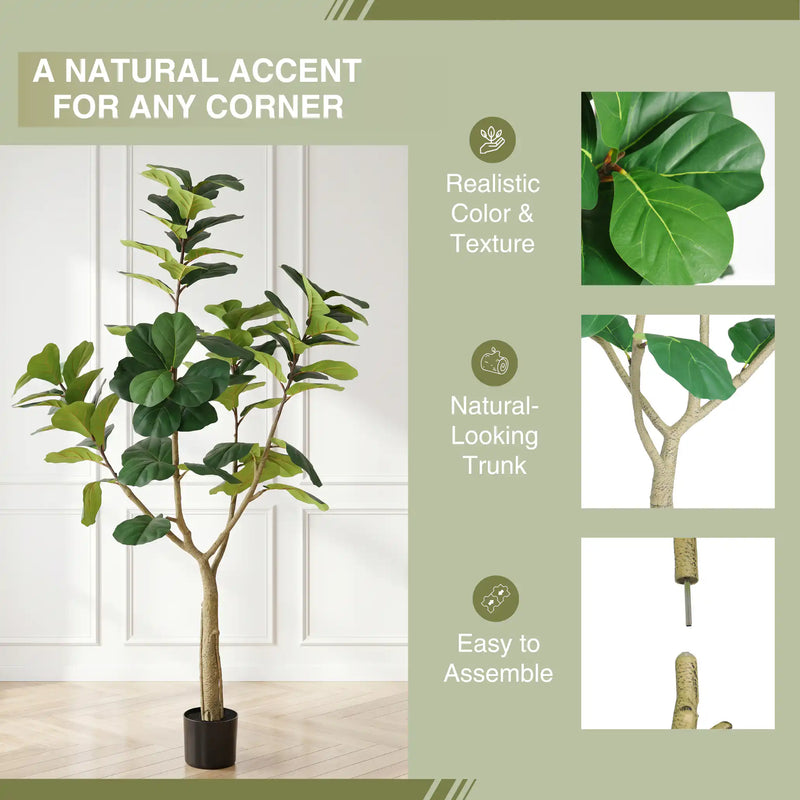 6FT Artificial Fiddle Leaf Fig Tree, Realistic Faux Potted Plant in Black Pot, 1pc/set