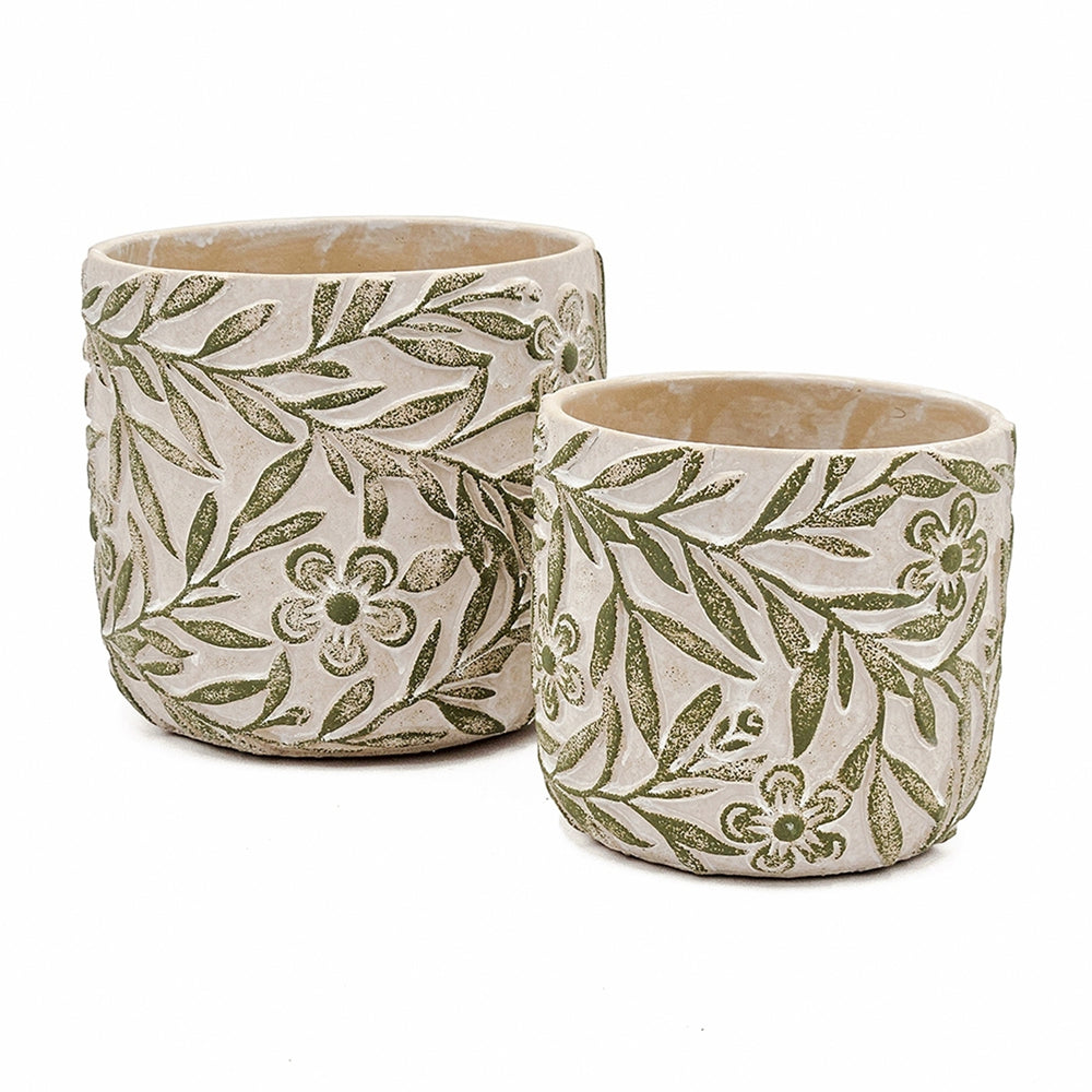 S/2 Gray Sand and Cement Planters with Etched Green Floral Motif, L:D6.7x6.3' S:D5.5x5' Media 2