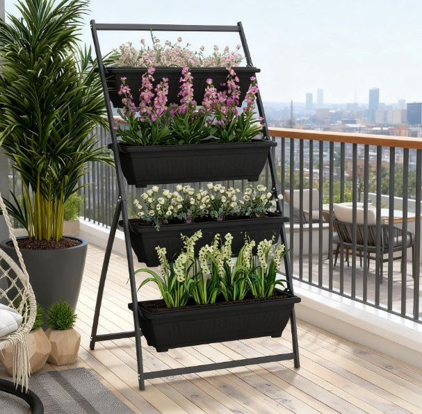 Outdoor Plant Stand Grow Container for Vegetable & Flowers,4-Tier Vertical Raised Garden Planter with 4 Boxes Media 1
