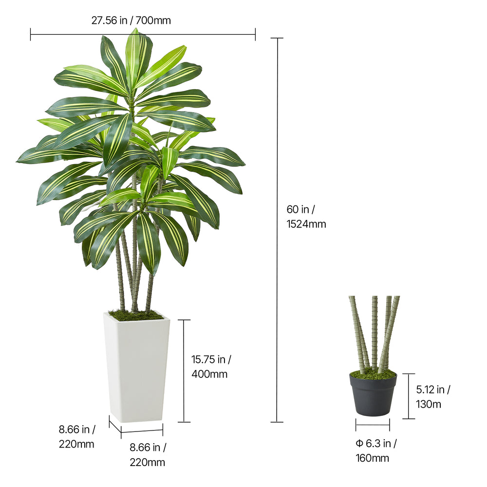 Artificial Dracaena Tree 5 ft, Fake Palm Tropical Plants with White Tall Planter, Faux Floor Silk Plant in Pot, Large Trees for Home Office Living Room Decor House Warming, Indoor Outdoor Media 10