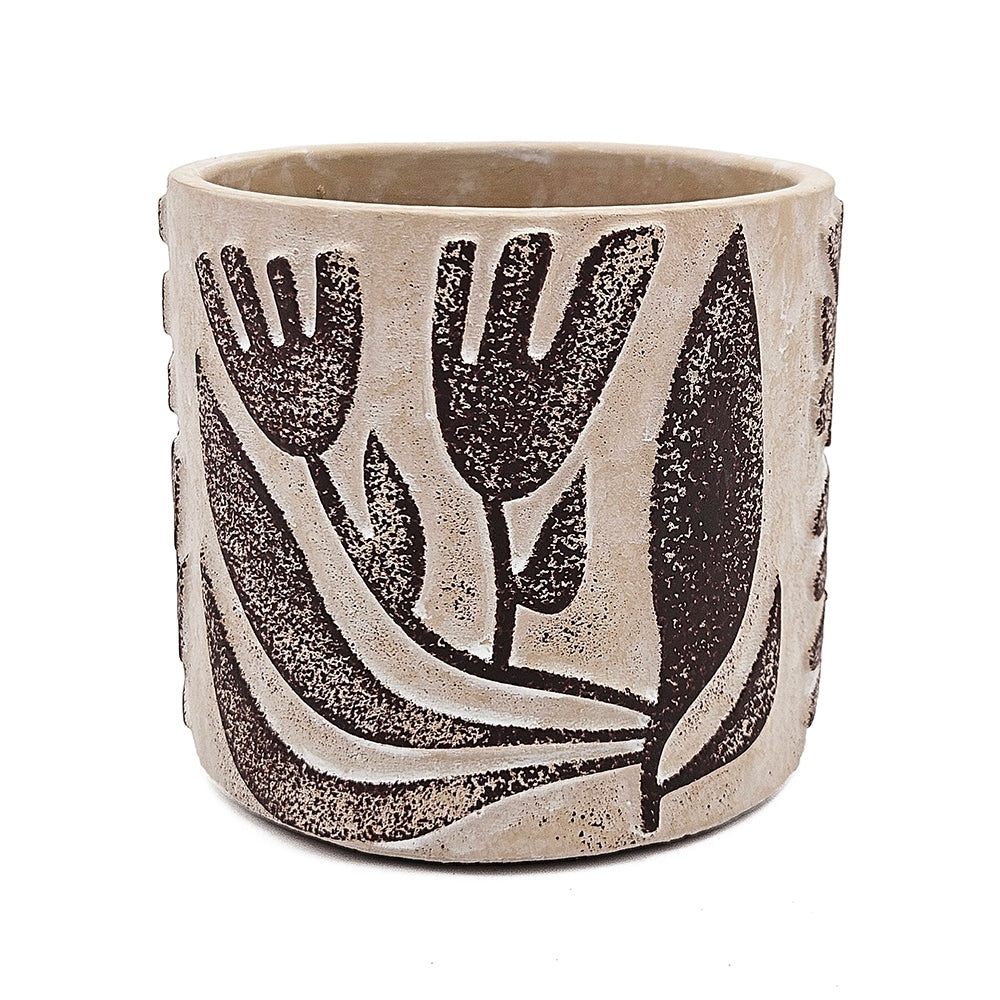Set of 4 4.3x4.3x4' Gray Sand and Cement Planters with Brown Botanical Motifs Media 6
