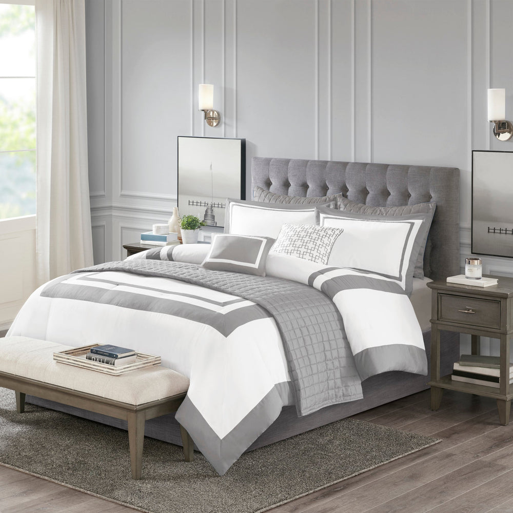 8 Piece Comforter and Quilt Set Collection Grey Full/Queen Media 1