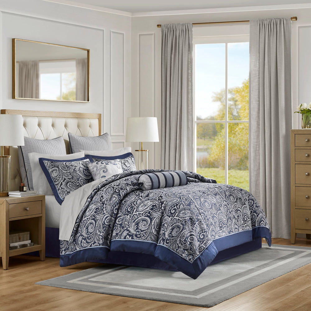 12 Piece Comforter Set with Cotton Bed Sheets Navy Queen Media 1