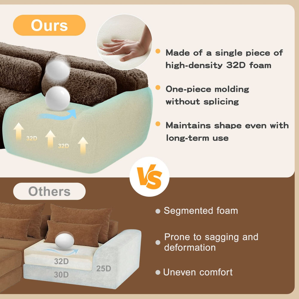 L-Shaped Sofa Plush Fabric With Movable Ottoman & Throw Pillows Chocolate Media 5
