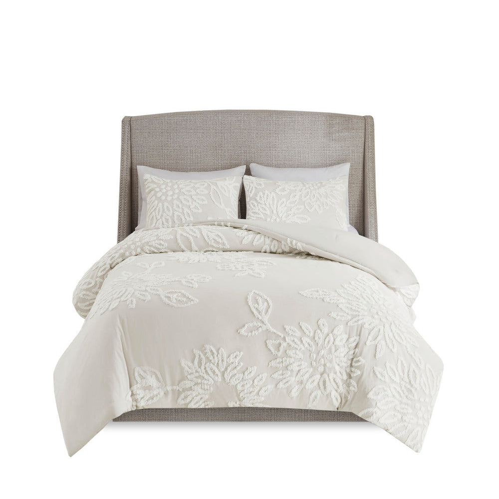 3 Piece Tufted Cotton Chenille Floral Comforter Set Off-White King/Cal King Media 4