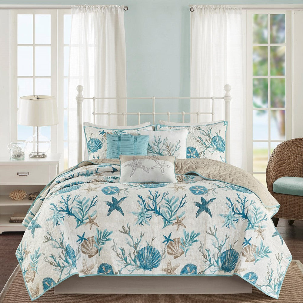 6 Piece Cotton Sateen Quilt Set with Throw Pillows Aqua King/Cal King Media 5