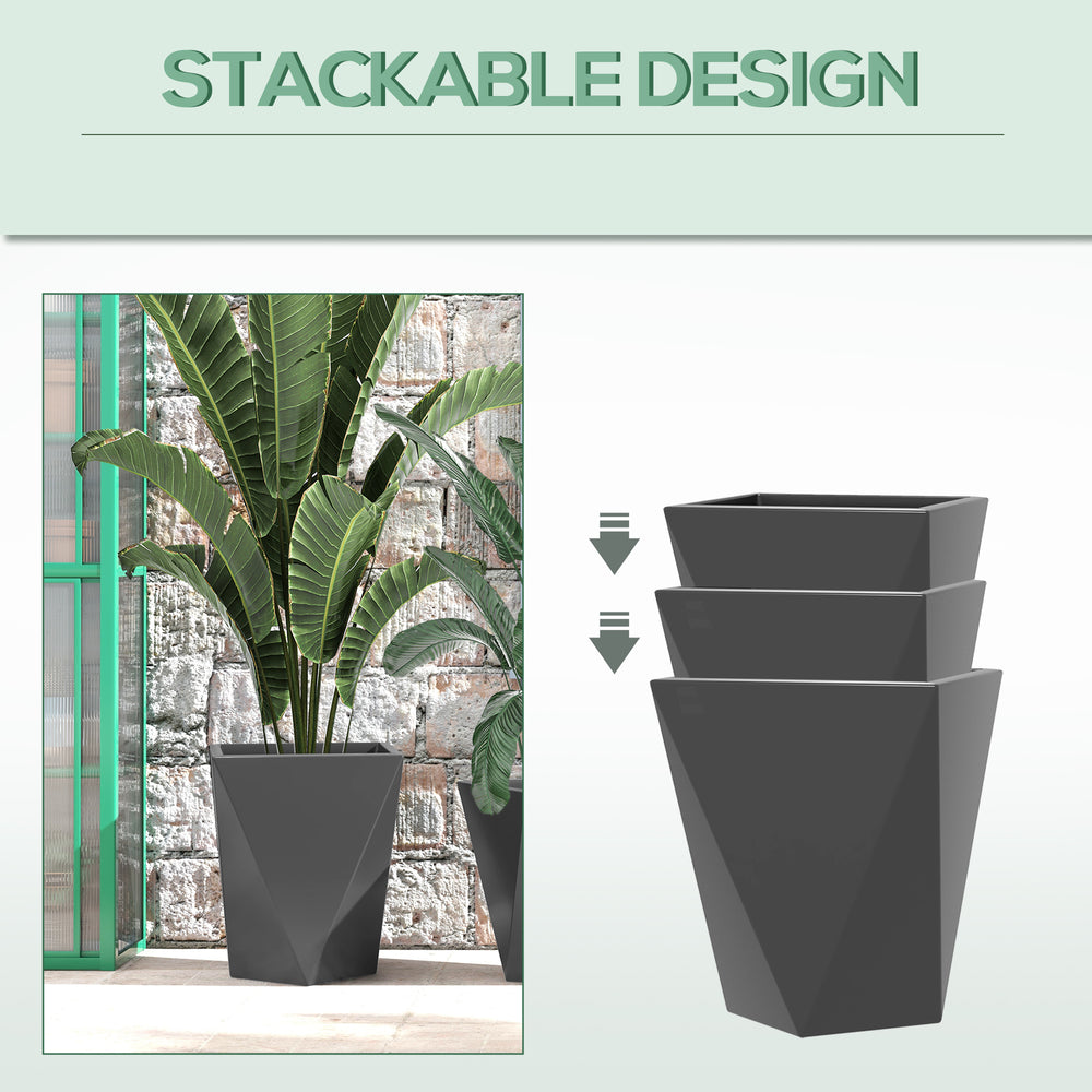 Outsunny Modern Tall Planters Set of 3 with Stackable Design, Drainage Holes, Gray MgO, Various Sizes Media 4